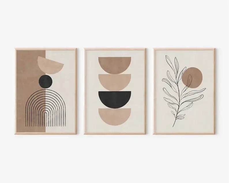 Decorbites™ bohemian geometric plant wall art set featuring three minimalist abstract prints in light wood frames with earthy tones