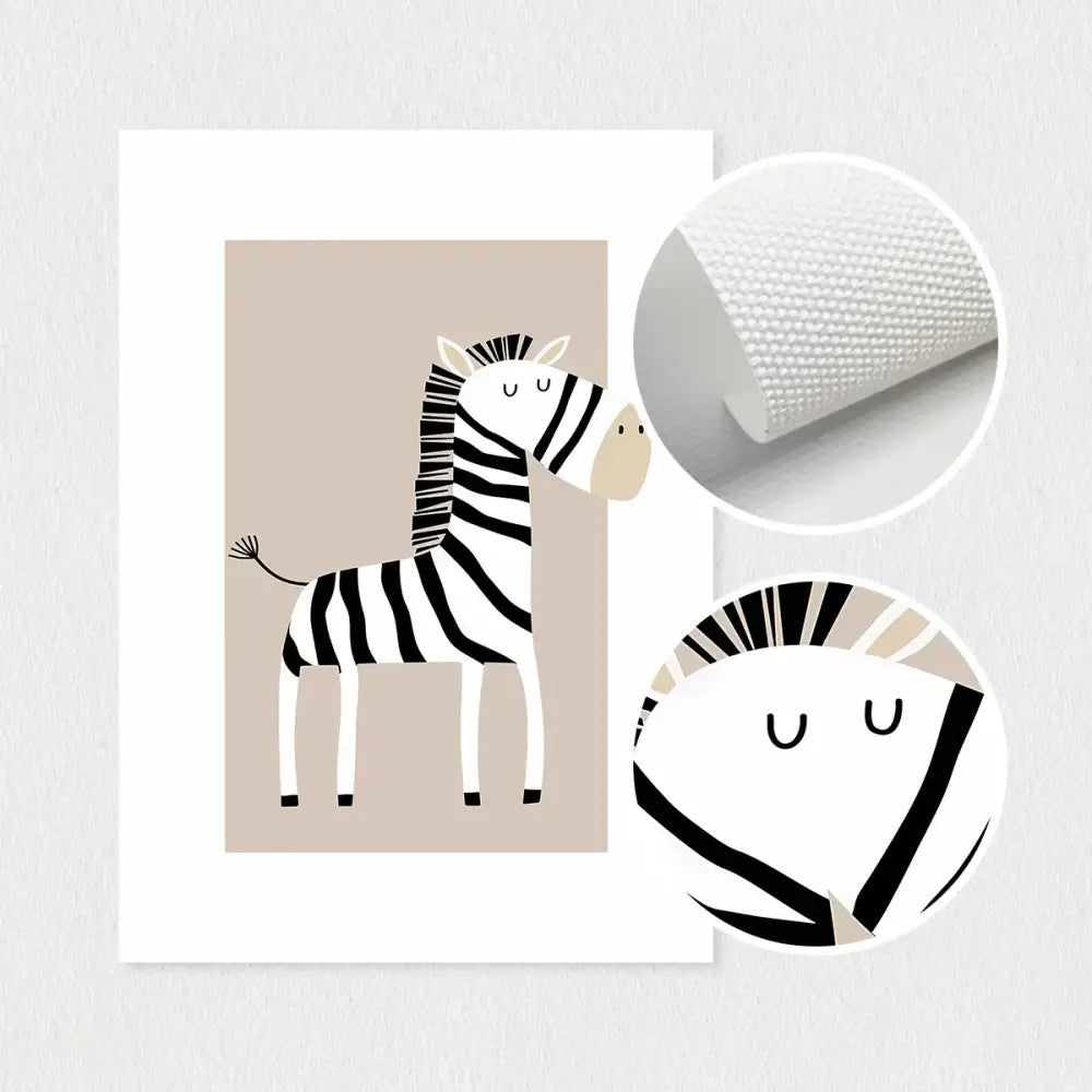 Framed canvas art featuring a charming black-and-white zebra print on beige background for bohemian jungle animal toddler room