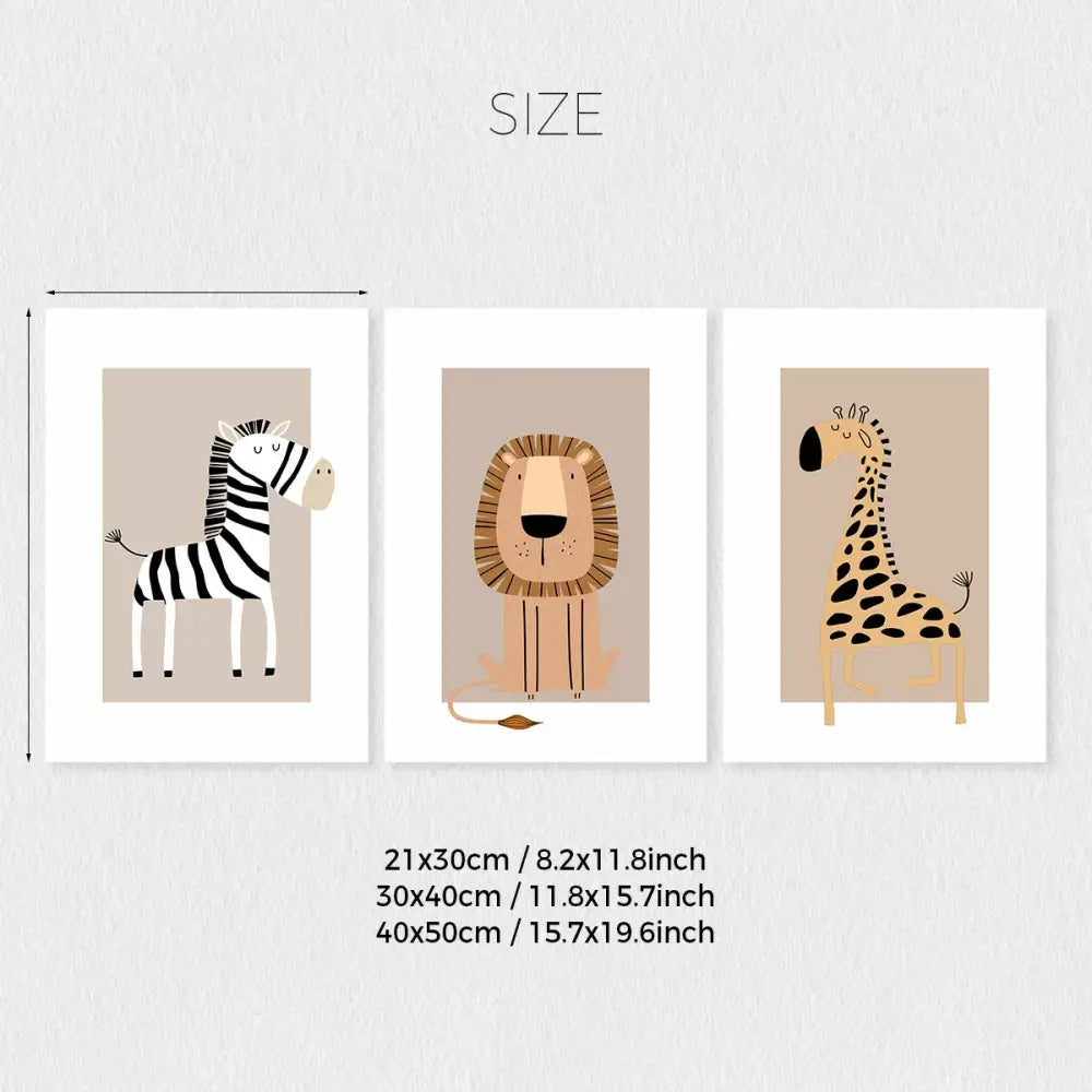 Set of three framed bohemian jungle animal toddler canvas prints with zebra lion and giraffe on beige mats for forest art room