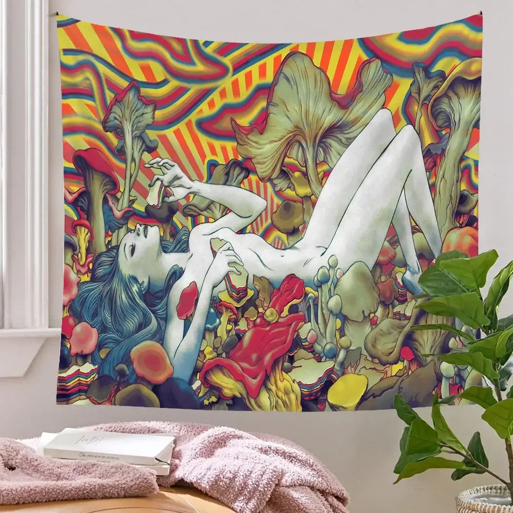 Vibrant decorbites bohemian tapestry featuring a nude figure with oversized mushrooms on a swirling rainbow background