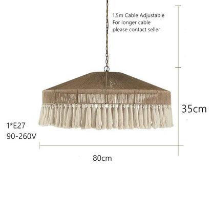 Decorbites bohemian tassel chandelier in natural beige woven material with cream tassel fringe for bedroom lighting