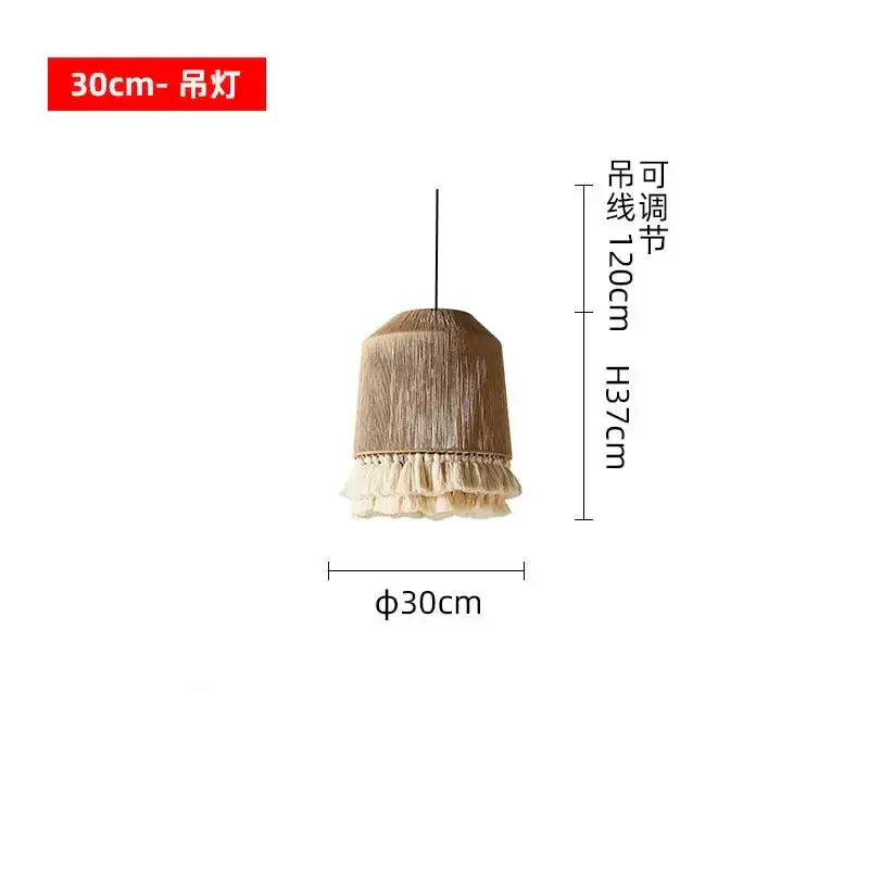 Beige woven pendant light with fringed fabric shade and adjustable chain decorbites bohemian tassel chandelier