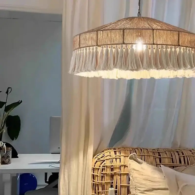 Beige woven pendant light with matching tassel fringe decorbites bohemian tassel chandelier for bedroom lighting