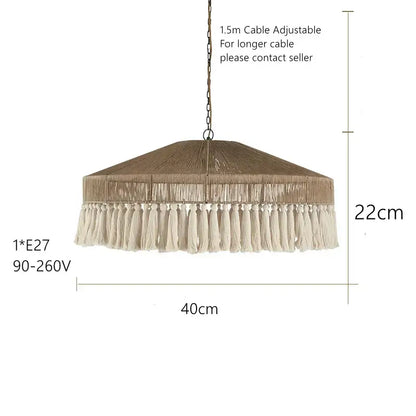 Decorbites bohemian tassel chandelier featuring a beige woven hexagonal shade with cream tassel fringe for bedroom lighting