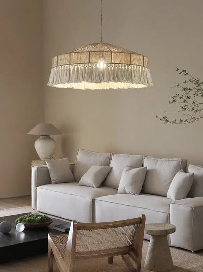 Beige woven pendant light with fringe detailing in decorbites bohemian tassel chandelier for natural bedroom decor