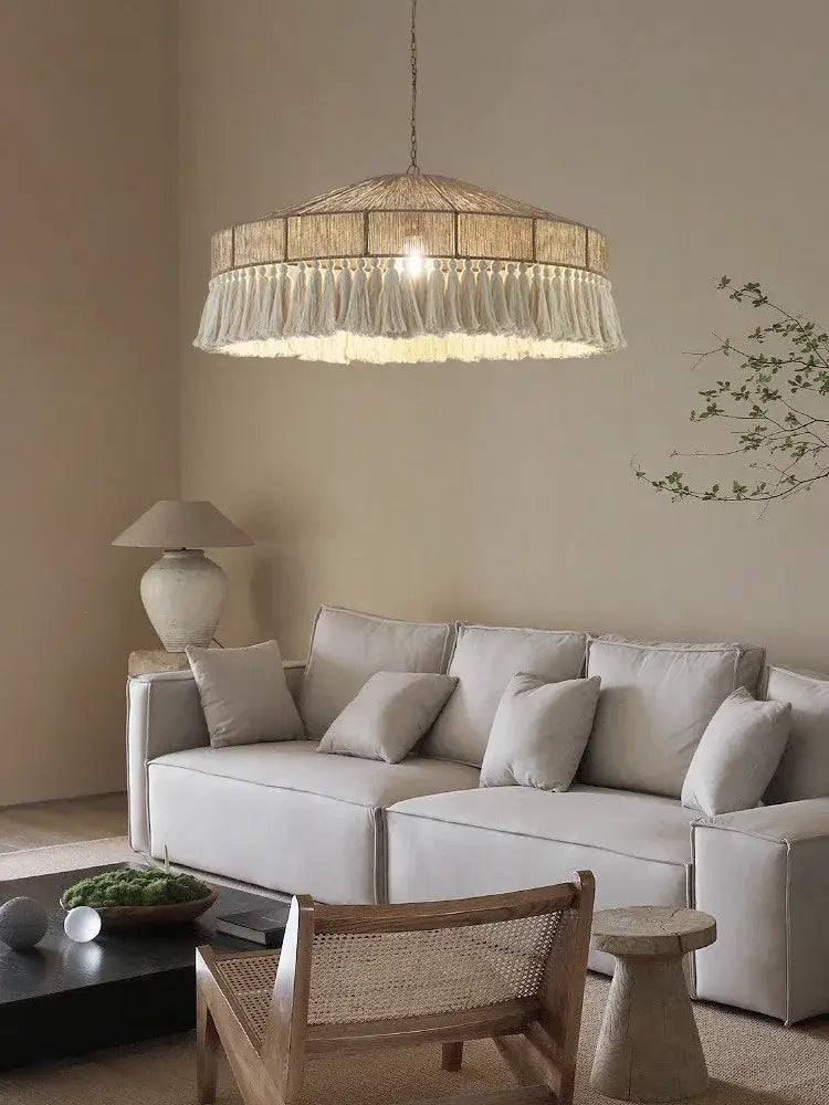 Beige woven pendant light with fringe detailing in decorbites bohemian tassel chandelier for natural bedroom decor