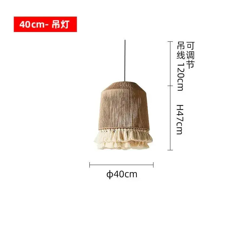 Beige textured woven decorbites bohemian tassel chandelier with ruffled fringe for natural bedroom lighting