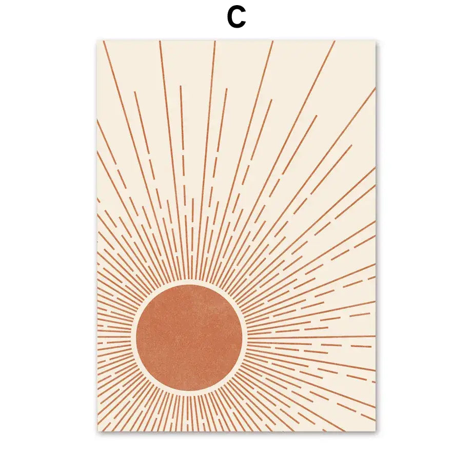 Beige minimalist sunburst wall art canvas with terracotta center and radiating lines by DecorBites™ Bohemian wall art