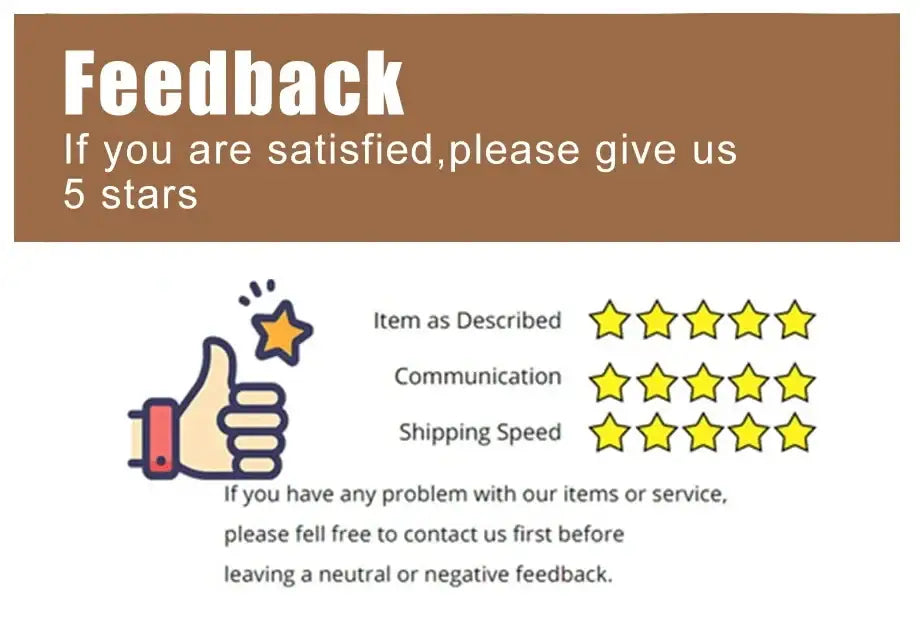 Brown feedback banner with white text urging five star satisfaction for decorbites bohemian wall art canvas painting