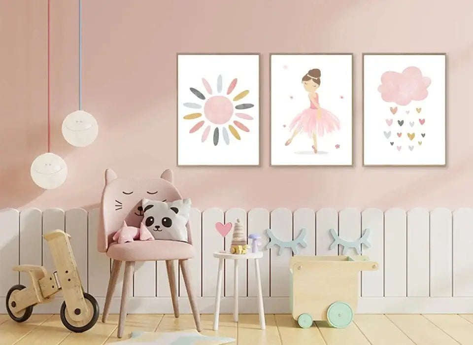 Pink cat-shaped chair with wooden legs and plush panda pillow beside decorbites™ bohemian wall art canvas painting abstract geometry