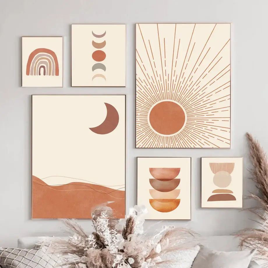 Set of six DecorBites™ bohemian wall art canvas prints featuring minimalist abstract geometry in earthy tones