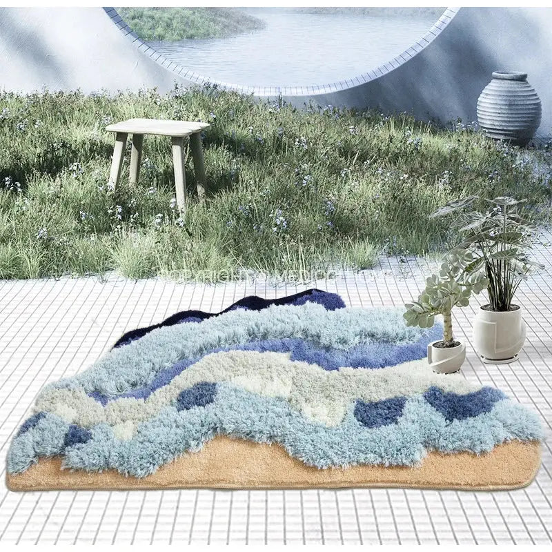 A decorbites boho chic bath mat featuring a plush textured boho chic mossy rug in layered blue and beige shades