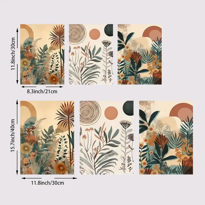 DecorBites™ boho floral modern canvas art set of five botanical prints in earthy tones and muted greens on cream background