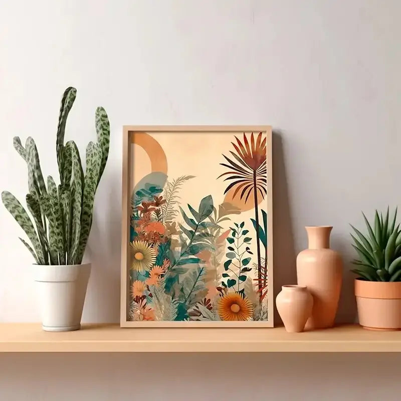 A framed decorbites™ boho floral modern canvas art set featuring stylized plant motifs in a warm earthy color palette