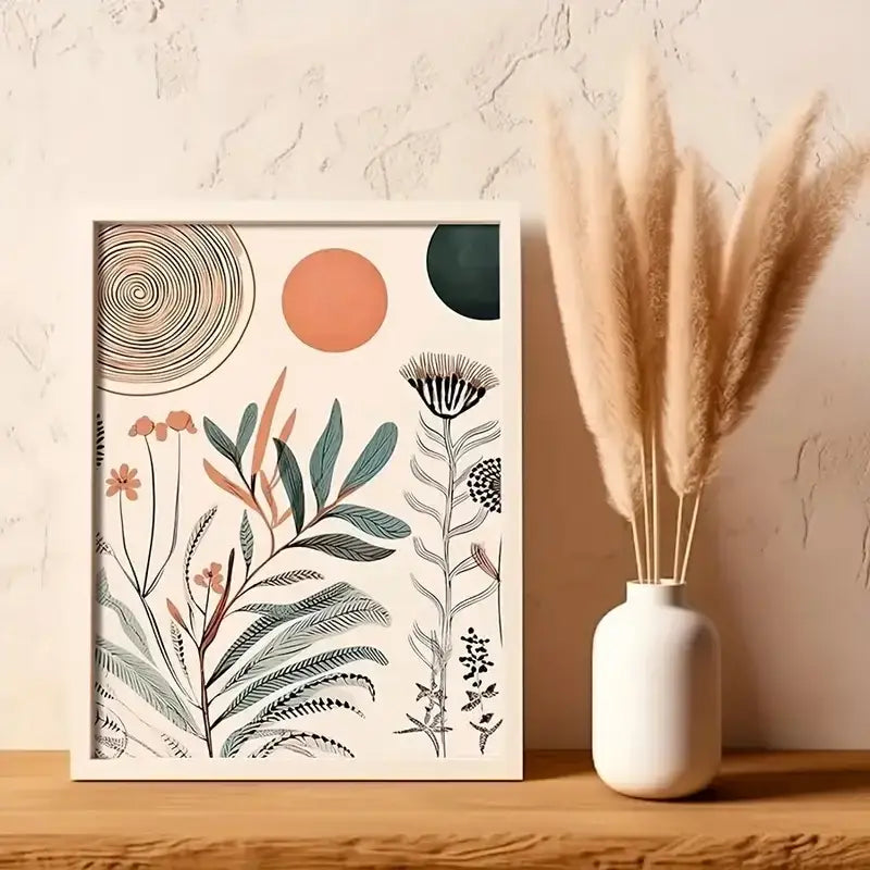 A framed boho floral modern botanical illustration print featuring minimalist line art in muted greens peach black and beige