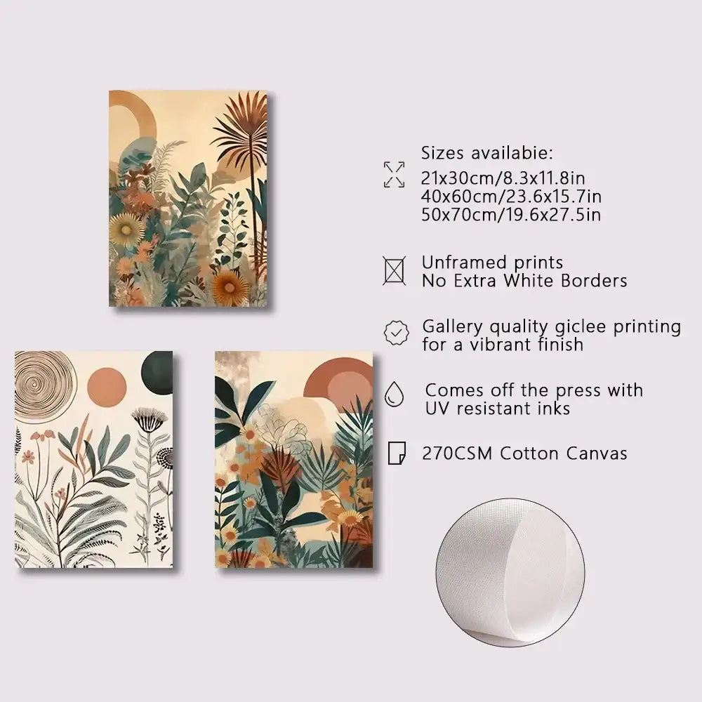 Set of three boho floral modern canvas art prints on 270gsm cotton canvas with earthy tones and abstract plant motifs