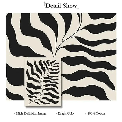 Decorbites™ boho geometric line canvas wall art featuring black and cream zebra-striped cotton fabric with stylized fern leaf design