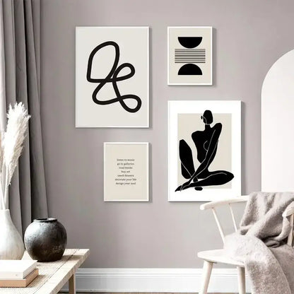 Minimalist black-and-white boho geometric line canvas wall art with clean white frames from decorbites™ collection