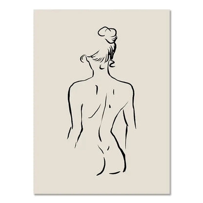 Minimalist black geometric line drawing of a woman’s back on beige canvas in DecorBites™ boho geometric line wall art