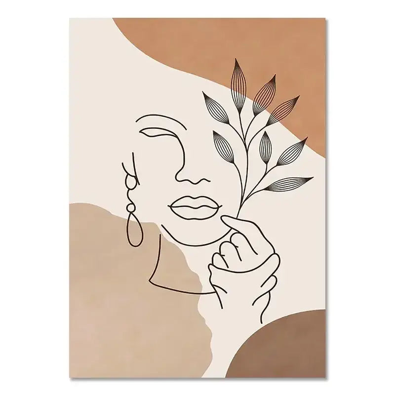 Decorbites™ boho light canvas wall art featuring nordic minimalist line-drawn woman face with beige and brown tones