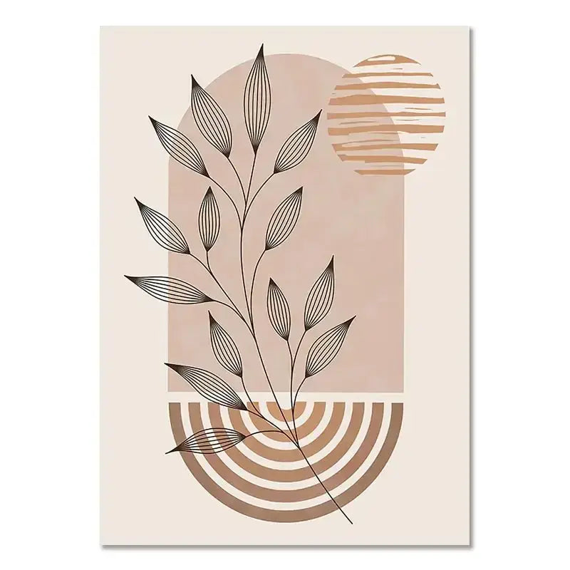 Decorbites™ boho light canvas wall art featuring nordic minimalist black line plant on beige and tan geometric shapes