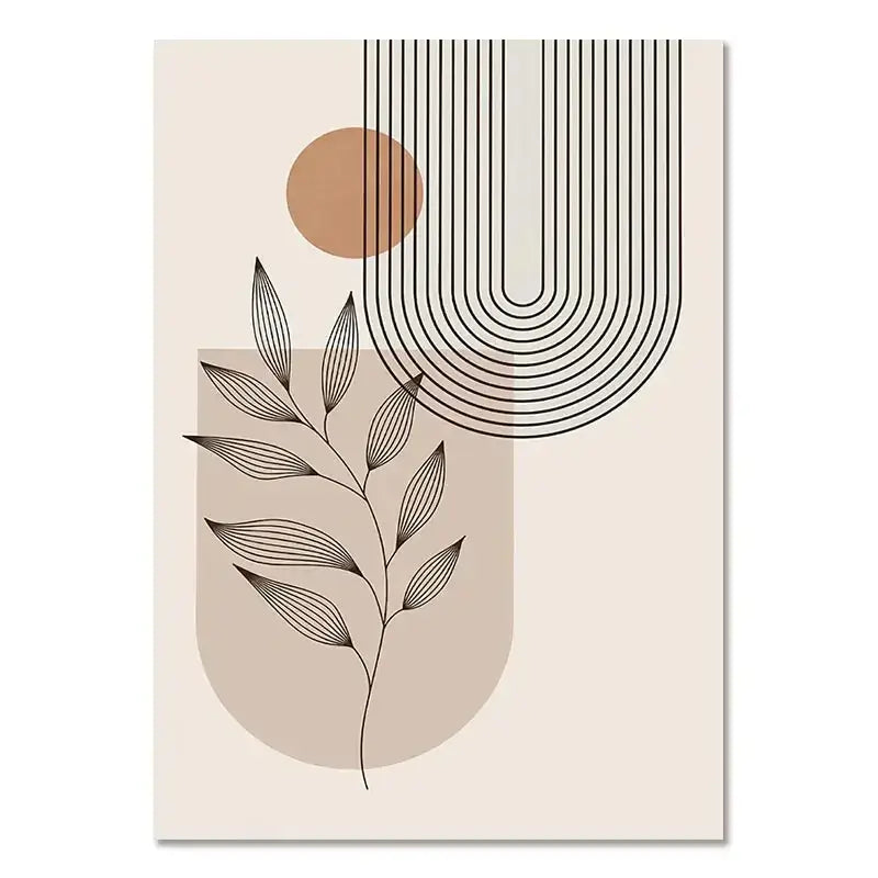 Decorbites™ boho light canvas wall art featuring nordic minimalist black leaf line work with beige and taupe geometric shapes