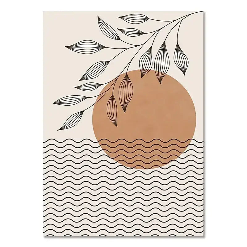Decorbites™ boho light canvas wall art featuring nordic minimalist terracotta sun and black wavy lines with leaves
