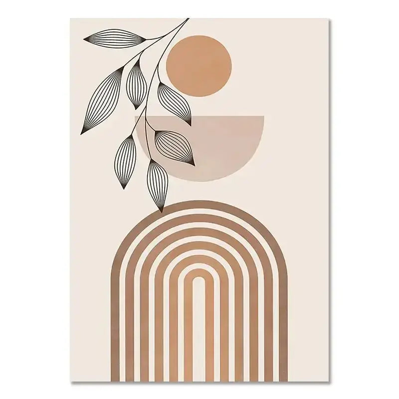 Beige boho light canvas wall art featuring minimalist botanical leaves and concentric arches in nordic minimalist style