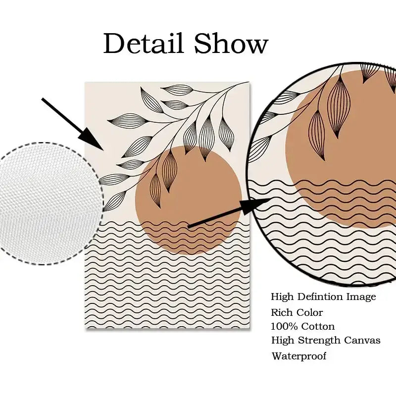 Beige 100 percent cotton decorbites™ boho light canvas wall art with black line-drawn leaves in nordic minimalist style