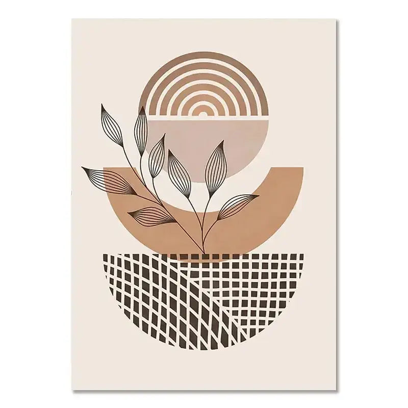Beige abstract DecorBites™ boho light canvas wall art with layered geometric shapes and botanical elements in nordic minimalist style