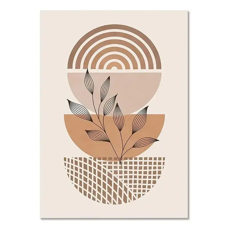 Beige DecorBites™ boho light canvas wall art with layered geometric shapes and stylized plant in nordic minimalist style