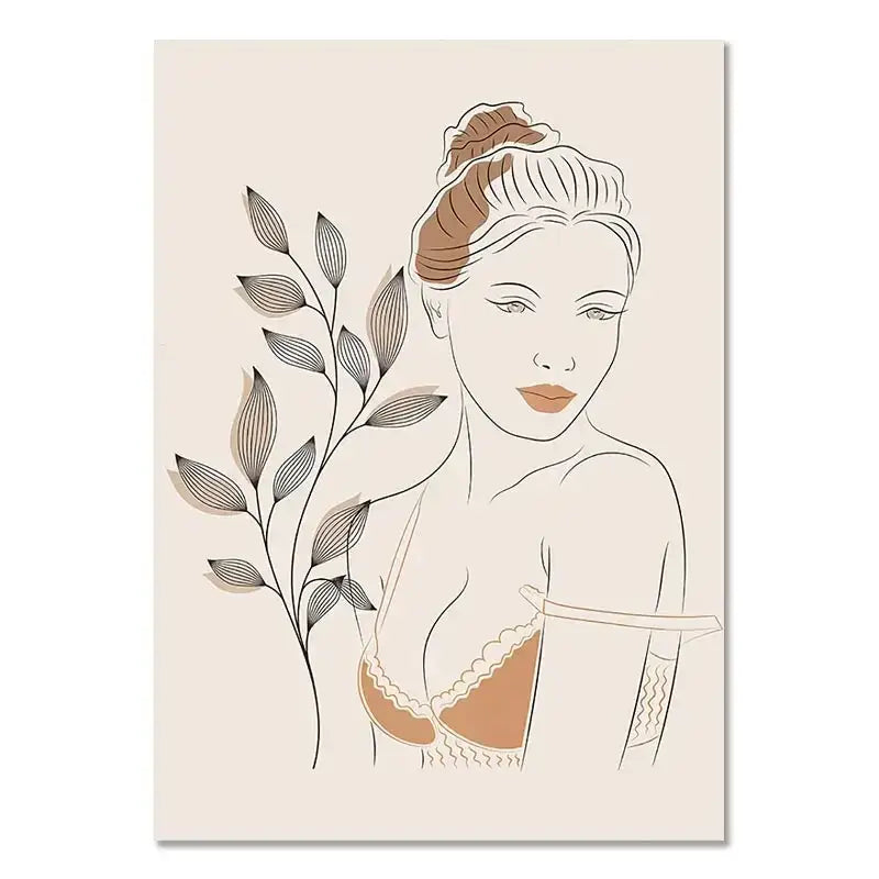 Beige minimalist line art wall art featuring a woman in taupe lace bra with leafy vines for boho light nordic minimalist decor