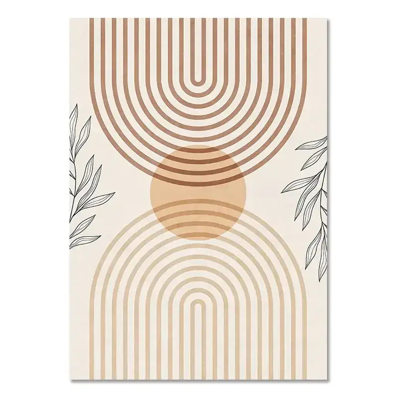Decorbites™ boho light beige and tan abstract geometric canvas wall art with minimalist black leaves nordic minimalist style