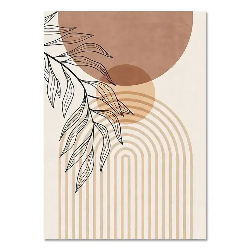 Modern abstract boho light canvas wall art with minimalist black leaves, earthy brown circles, and nordic minimalist design