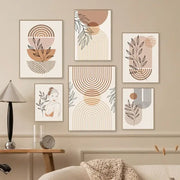 Set of six nordic minimalist boho light wall art prints with earthy tones and botanical motifs on canvas panels
