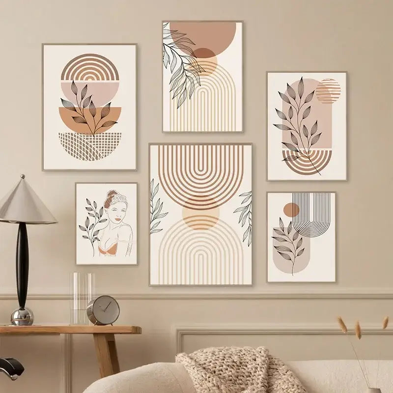 Set of six nordic minimalist boho light wall art prints with earthy tones and botanical motifs on canvas panels