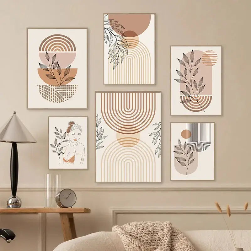 Set of six decorbites™ boho light canvas wall art prints featuring nordic minimalist earthy botanical motifs on cream backgrounds