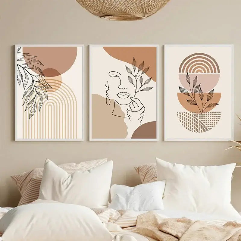 Set of three DecorBites™ boho light canvas wall art prints featuring nordic minimalist botanical and geometric designs in beige tones