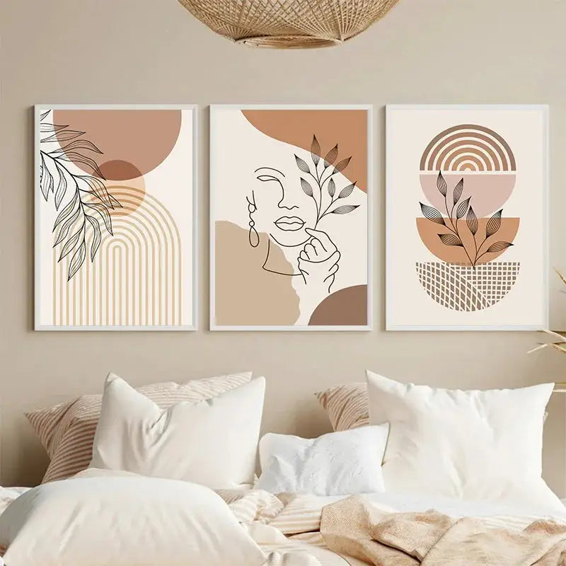 Set of three decorbites™ boho light canvas wall art prints featuring nordic minimalist botanical and geometric designs in beige tones