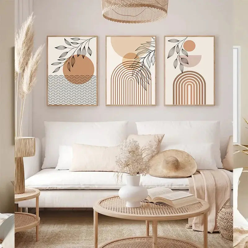 DecorBites™ boho light nordic minimalist wall art featuring three framed abstract beige canvases with terracotta accents