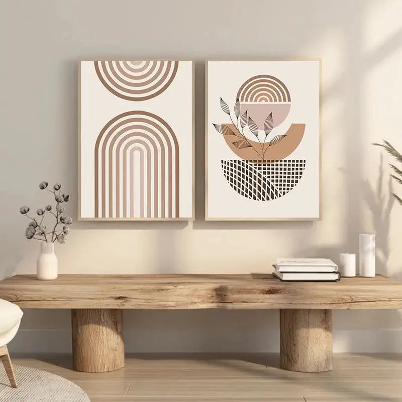 Two framed boho light canvas wall art prints with beige brown and black geometric patterns in nordic minimalist style