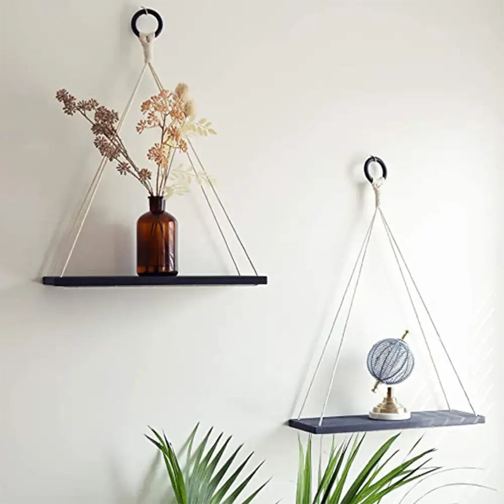 Decorbites™ boho macrame hanging shelf in black triangular matte finish with white rope detailing for wall decor