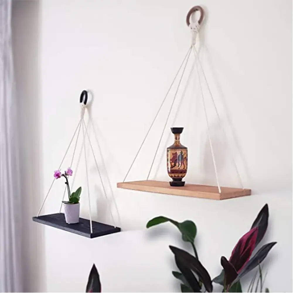 DecorBites™ boho macrame hanging wall shelf with light wood finish and white macrame hanging cords minimalist design