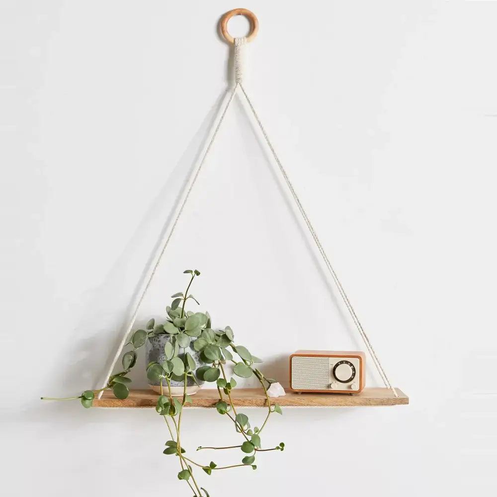 DecorBites™ boho macrame hanging wooden shelf with natural finish and cream cords featuring a circular ring