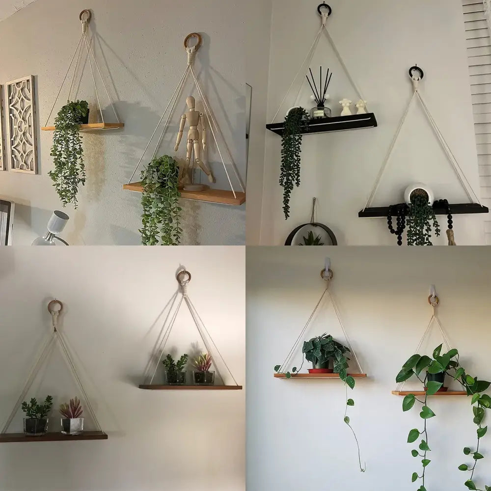 DecorBites™ boho macrame hanging wall shelf with cream cords and wooden slat for stylish hanging shelf display