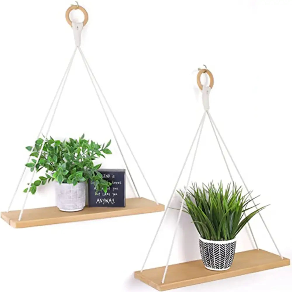 DecorBites™ boho macrame hanging wall shelves with light wood slats white cords and wooden rings for hanging shelf use