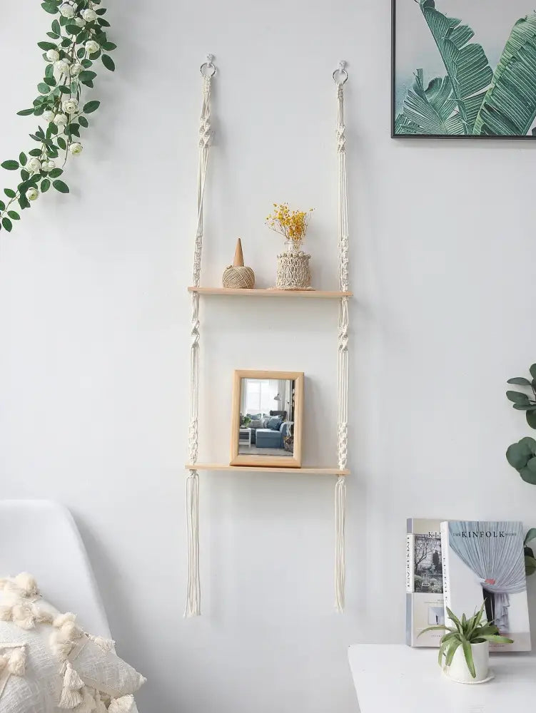Beige DecorBites™ boho macrame wall shelf with wooden slats and decorative knots for stylish home decor