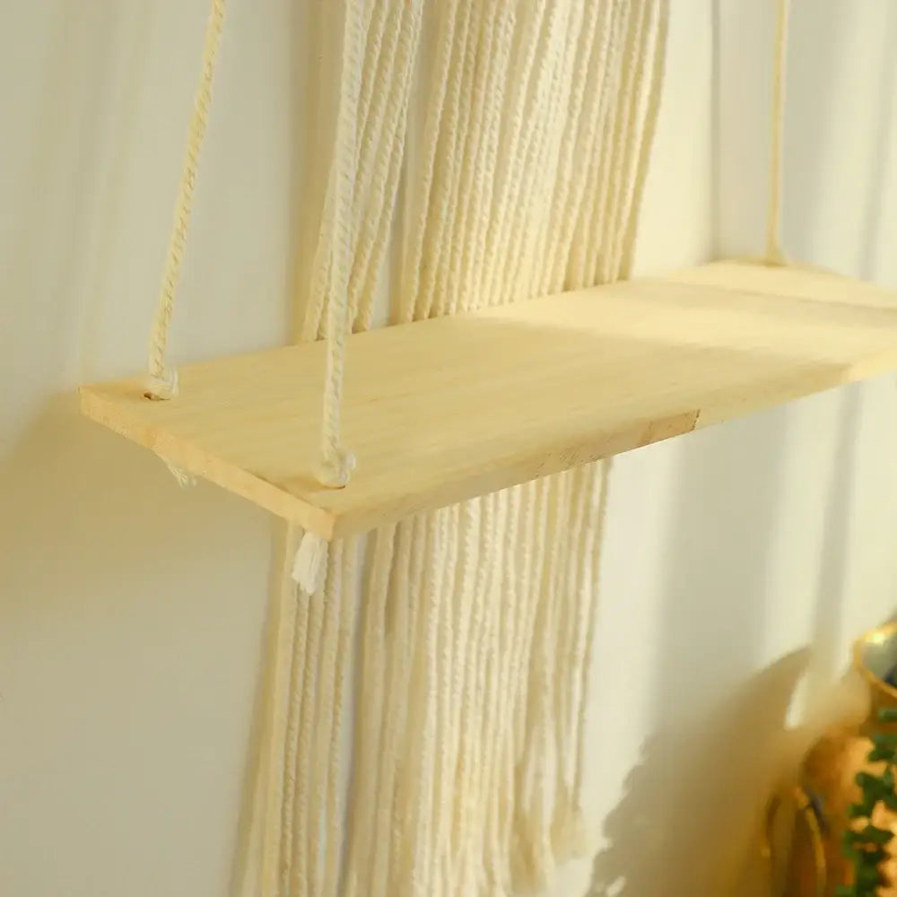 DecorBites™ boho macrame wood wall shelf hanging minimalist wooden shelf with cream macrame cords for home decor