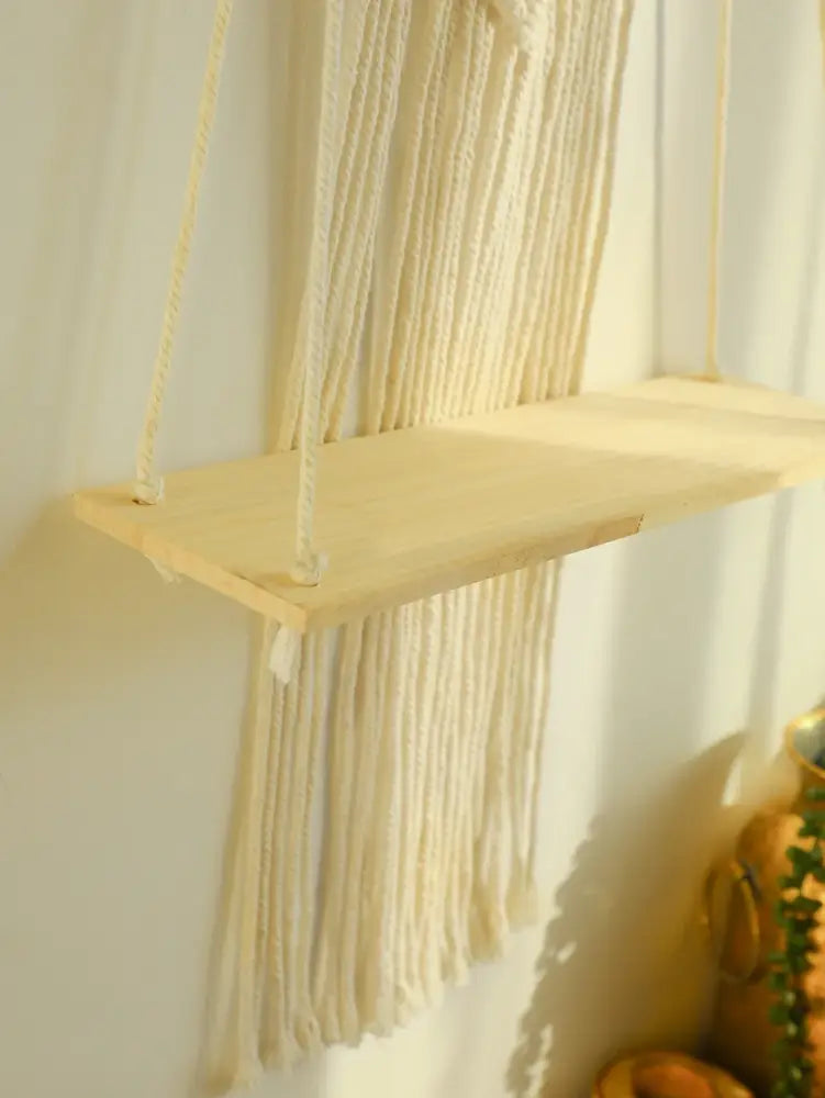 Decorbites™ boho macrame wood wall shelf with cream cords minimalist hanging shelf for home decor