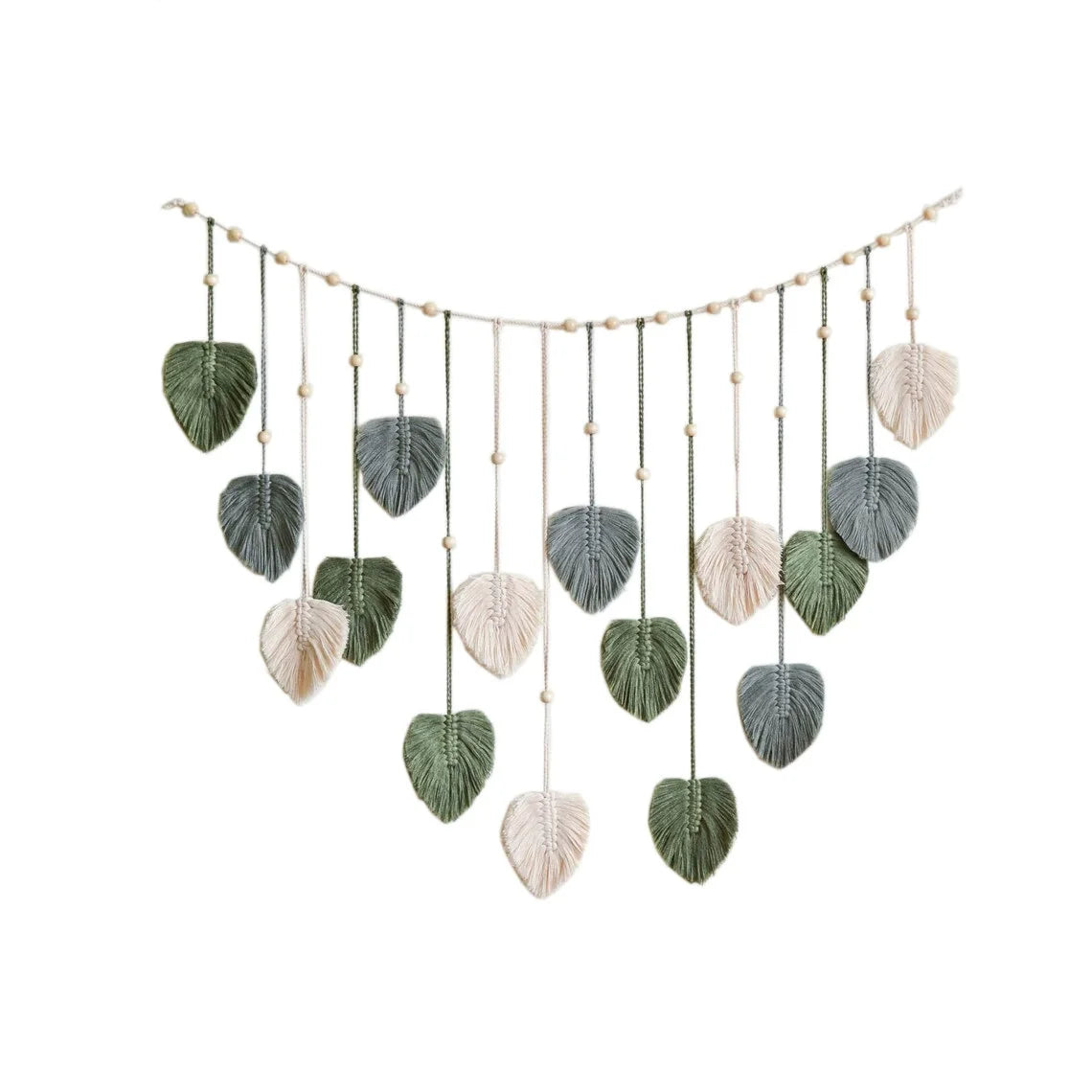 DecorBites™ boho style handmade macrame leaf wall hanging in green gray and cream for living room decor